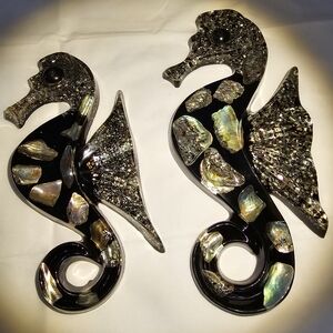 Pair of Vintage Lucite Abalone Sea Horse Wall Decor